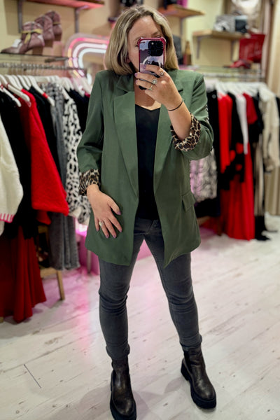 Longline Blazer with  Leopard Cuff Detail | Khaki