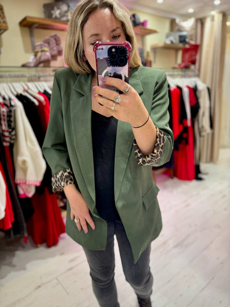 Longline Blazer with  Leopard Cuff Detail | Khaki