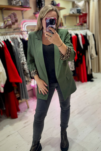 Longline Blazer with  Leopard Cuff Detail | Khaki