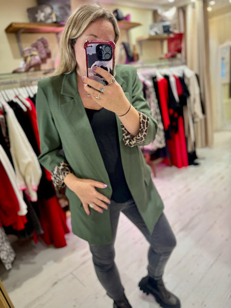 Longline Blazer with  Leopard Cuff Detail | Khaki