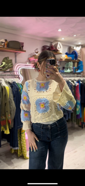 Flower Crochet Cropped Jumper | Blue Multi