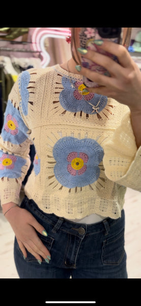 Flower Crochet Cropped Jumper | Blue Multi