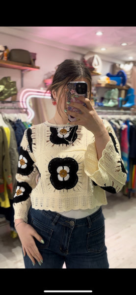 Flower Crochet Cropped Jumper | Black Multi