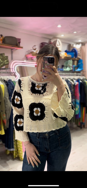 Flower Crochet Cropped Jumper | Black Multi