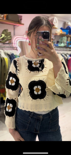 Flower Crochet Cropped Jumper | Black Multi