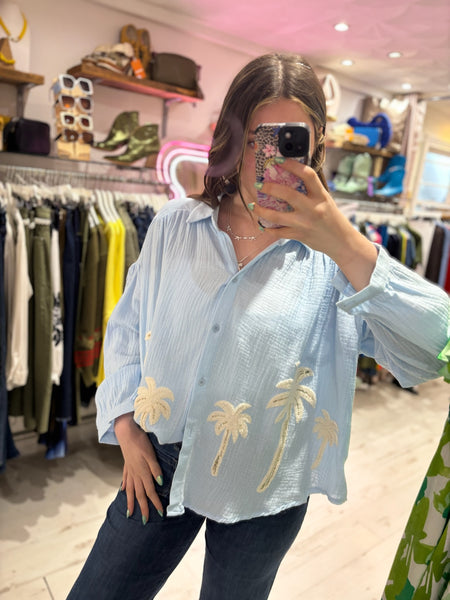 Cotton Cheesecloth Palm Detail Shirt | Sky Blue