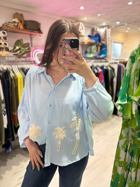 Cotton Cheesecloth Palm Detail Shirt | Sky Blue