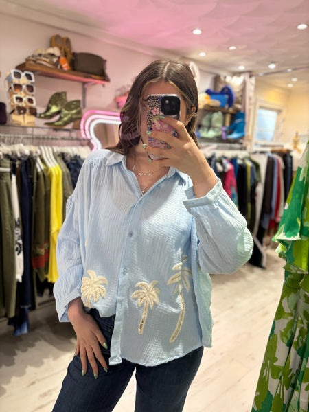 Cotton Cheesecloth Palm Detail Shirt | Sky Blue