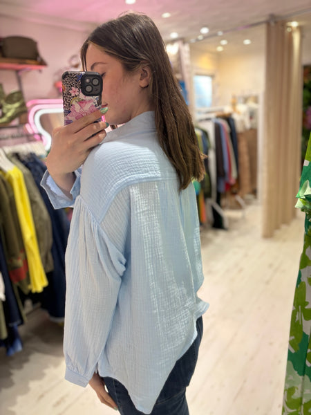 Cotton Cheesecloth Palm Detail Shirt | Sky Blue