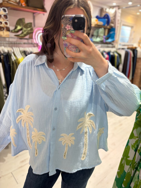 Cotton Cheesecloth Palm Detail Shirt | Sky Blue
