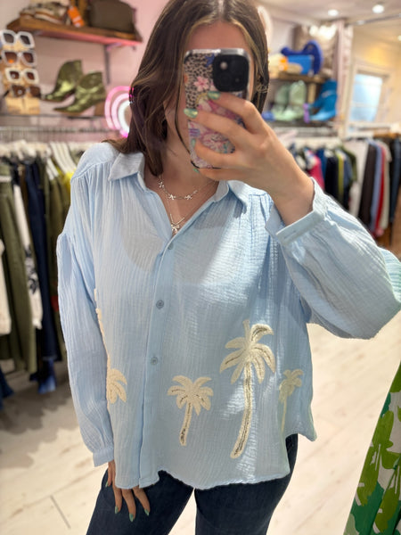 Cotton Cheesecloth Palm Detail Shirt | Sky Blue