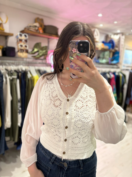 Stevie Sheer Sleeve Crochet Cardigan | Off White