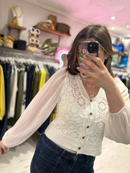 Stevie Sheer Sleeve Crochet Cardigan | Off White