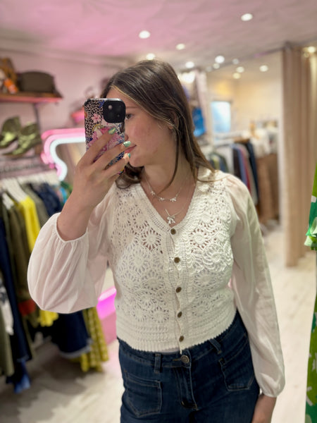 Stevie Sheer Sleeve Crochet Cardigan | Off White