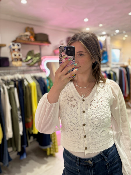 Stevie Sheer Sleeve Crochet Cardigan | Off White
