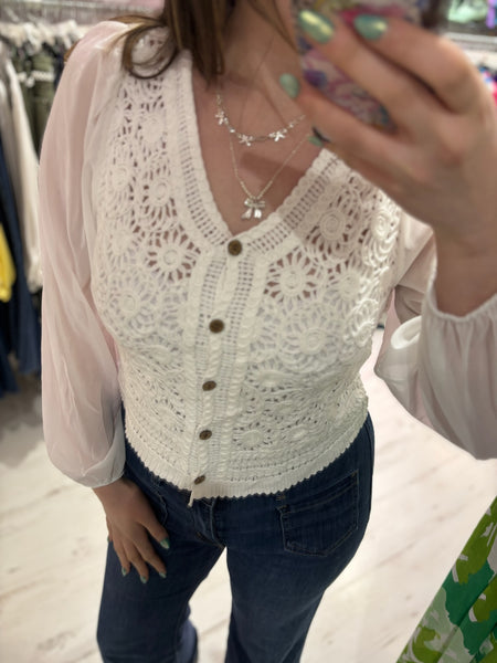 Stevie Sheer Sleeve Crochet Cardigan | Off White