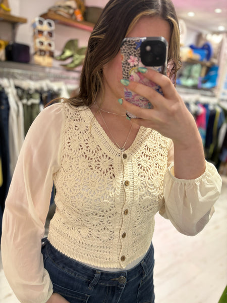 Stevie Sheer Sleeve Crochet Cardigan | Cream