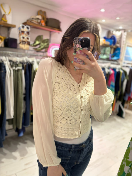 Stevie Sheer Sleeve Crochet Cardigan | Cream