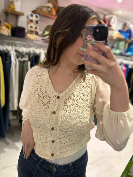 Stevie Sheer Sleeve Crochet Cardigan | Cream