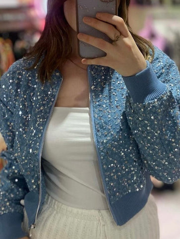 Sequin Denim Bomber Jacket