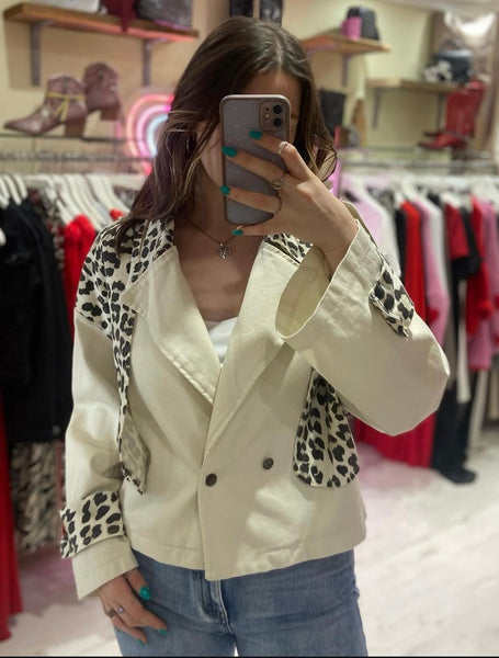 Leopard Print Details Denim Jacket | Off White