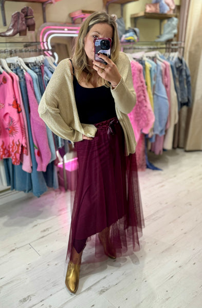 Tulle Flared Midi Skirt | Burgundy