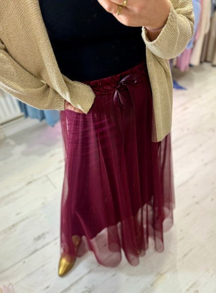 Tulle Flared Midi Skirt | Burgundy