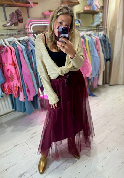 Tulle Flared Midi Skirt | Burgundy