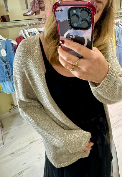 Glitter Knitted Edge to Edge Cardigan | Pale Grey/Gold