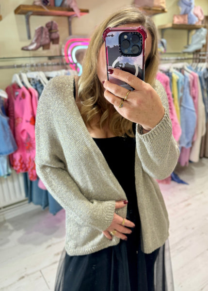 Glitter Knitted Edge to Edge Cardigan | Pale Grey/Gold