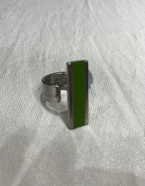 Slim Rectangle Feature Adjustable Ring with Leather Inlay | Apple Green