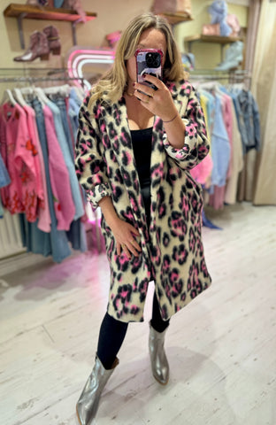 Bright Leopard Cocoon Coat | Pink/Cream