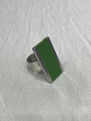 Large Rectangle Feature Adjustable Ring with Leather Inlay | Apple Green