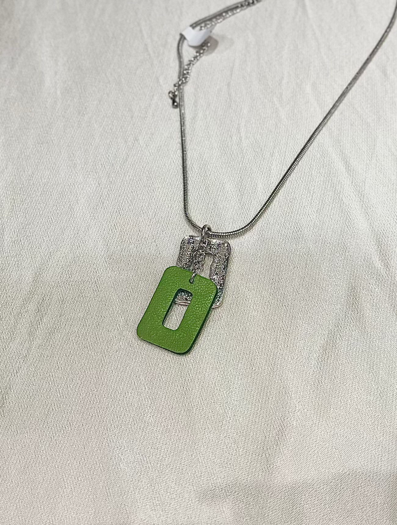 Short Snake Chain Necklace with Pewter and Leather Feature Pendant | Apple Green