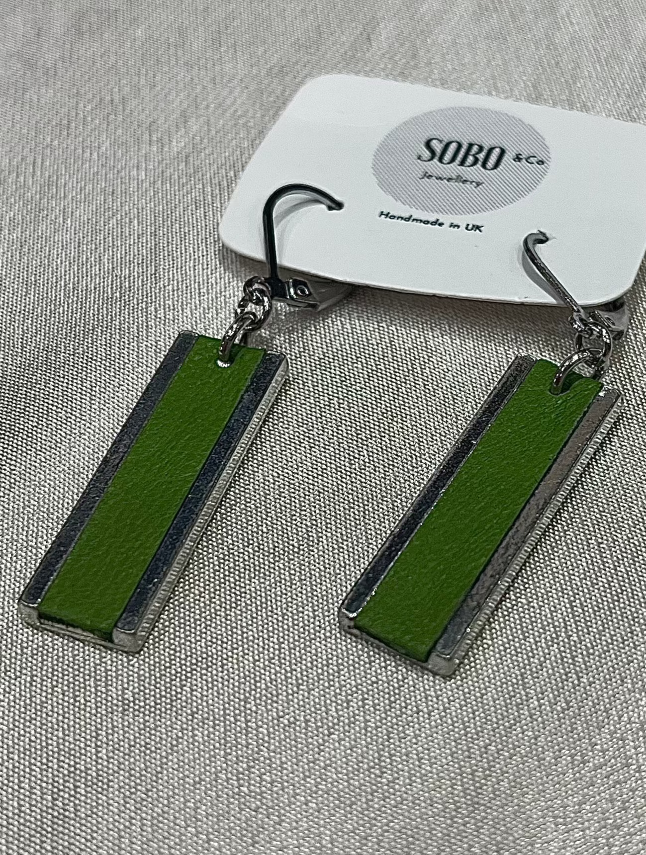 Long Rectangle Drop Earrings with Leather Inlay | Apple Green