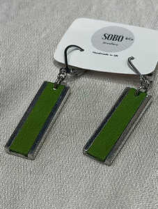 Long Rectangle Drop Earrings with Leather Inlay | Apple Green