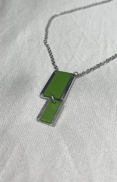 Short Double Rectangle Feature Necklace with Leather Inlay | Apple Green