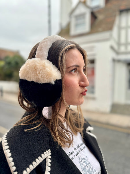 Two-Tone Fluffy Faux Fur Earmuffs | Black/Cream