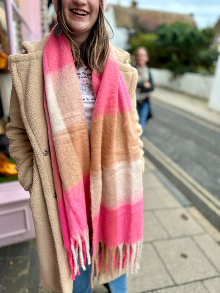 Soft Tassel Blanket Scarf | Pink Check Multi