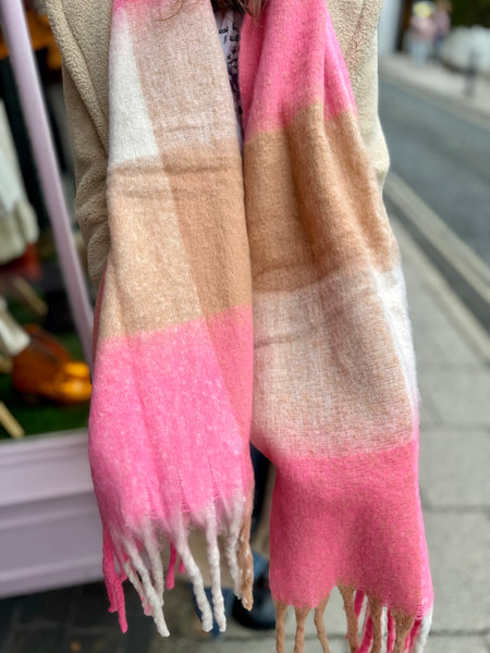 Soft Tassel Blanket Scarf | Pink Check Multi