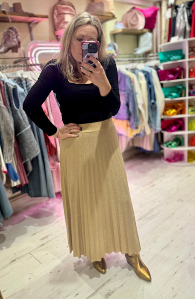 Glitter Pleated Maxi Skirt | Gold