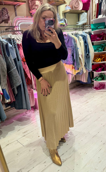 Glitter Pleated Maxi Skirt | Gold