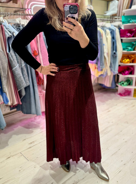 Glitter Pleated Maxi Skirt | Burgundy