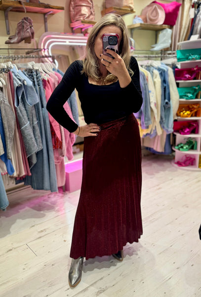 Glitter Pleated Maxi Skirt | Burgundy