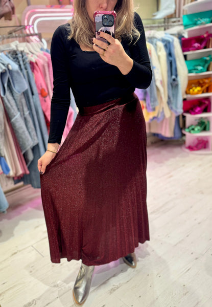 Glitter Pleated Maxi Skirt | Burgundy