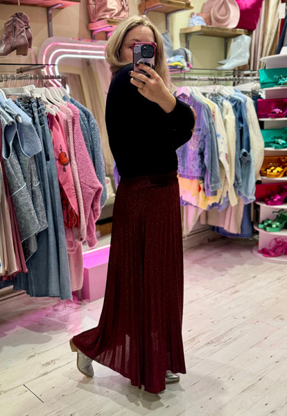 Glitter Pleated Maxi Skirt | Burgundy