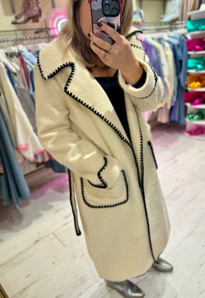 Embroidered Edge Detail Wrap Coat | Cream