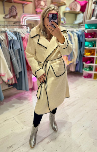 Embroidered Edge Detail Wrap Coat | Cream