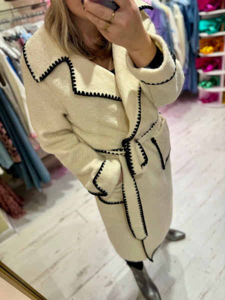 Embroidered Edge Detail Wrap Coat | Cream