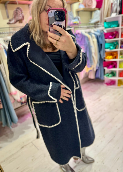 Embroidered Edge Detail Wrap Coat | Navy Blue